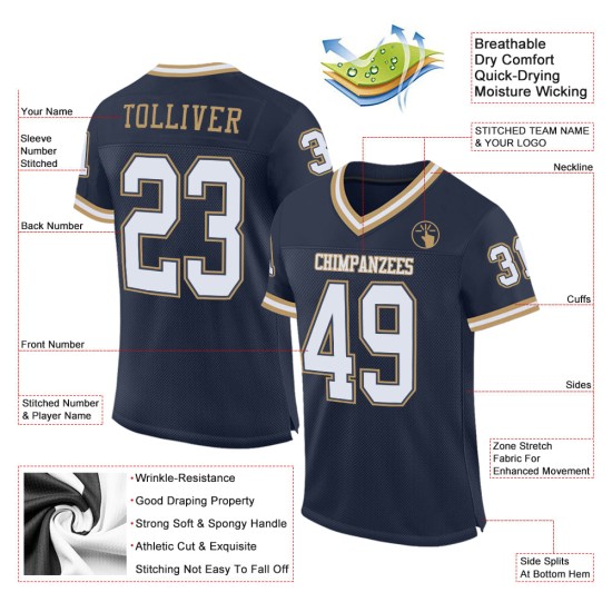 Authentisches Navy Weiß-Altgold Throwback Football Jersey Mesh Custom