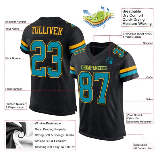 Schwarzes Trikot Teal-Gold Mesh Football Authentic Custom Schwarzes Trikot Teal-Gold Mesh Football Authentic Custom